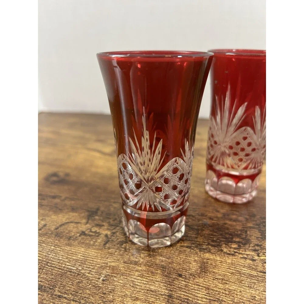 Lot Of 3 Vintage Ruby Cut To Clear Cordial Glasses Candle Holder Decor Displays